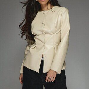 Apricot Elegant Women's Woven Fabric Buttoned Collarless Pintuck Long Coat